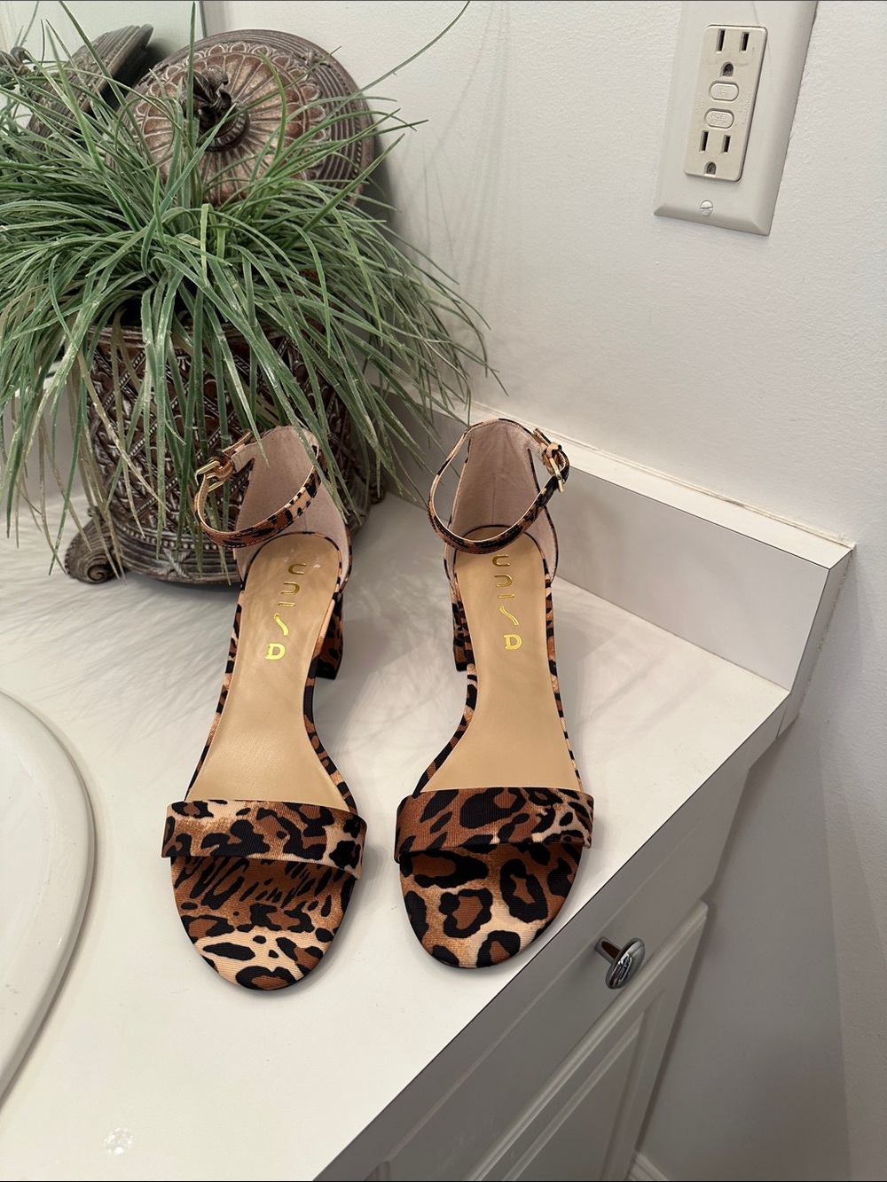 Unisa Leopard Print Ankle-Strap Block Heel Sandals